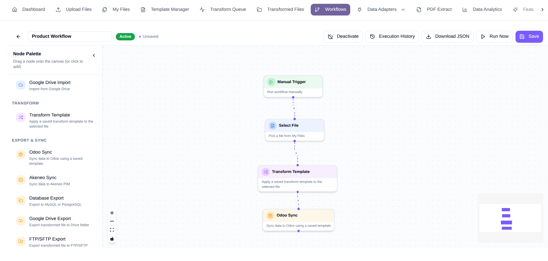 Supabind workflow builder showing Manual Trigger, Select File, Transform Template, and Odoo Sync nodes connected in sequence
